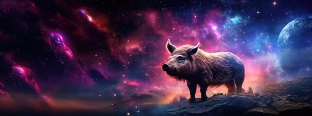 Pig against cosmic background with space, stars, nebulae, vibrant colors, flames; digital art in fantasy style, featuring astronomy elements, celestial themes, interstellar ambiance