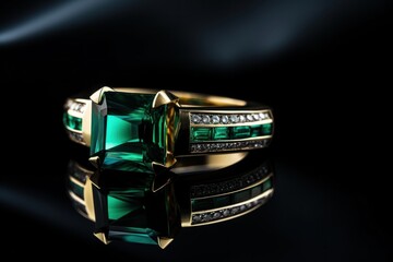 Jewelry ring with green emerald on a black reflective background. Perfect for jewelry store advertisements or engagement-related content with Copy Space.