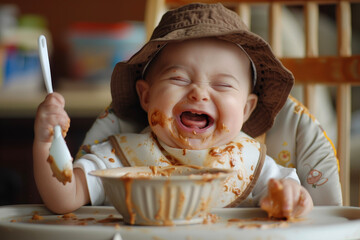 A photo of a smiling baby, wearing a hat and a bib. He is sitting on a high chair and holding a spoon and a bowl.