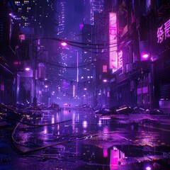 Fototapeta premium Neon Cyberpunk City, Urban Future Metaverse, Night Purple Street Texture Background, Copy Space