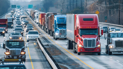 semi trucks lined up on freeway.