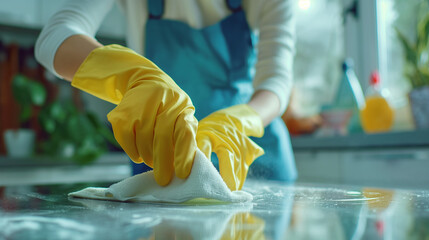 Cleaner's hands in gloves close-up. He wipes the tabletop with a rag. Cleaning service