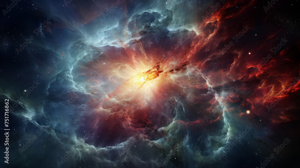 Poster a captivating scene showing a nebula bursting with light and vibrant colors within the cosmos