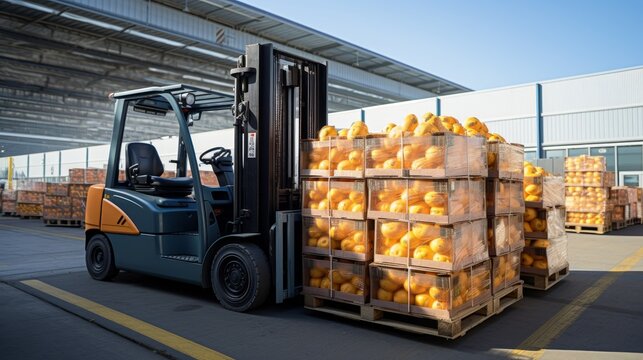 Forklifts transporting pallets of fresh produce 