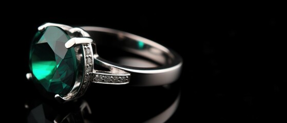 Jewelry ring with green emerald on a black reflective background. Wedding content with Copy Space.
