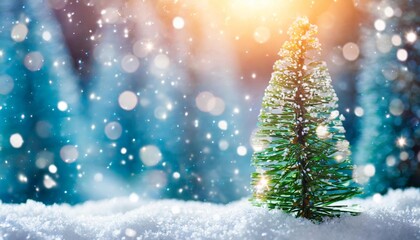 Fototapeta na wymiar snow bokeh pine tree forest glitter shiny light christmas tree with a bright shining snow flake background