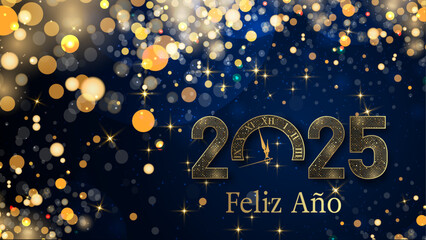 tarjeta o pancarta para desear un feliz año nuevo 2025 en oro el 0 es un reloj sobre un fondo degradado azul oscuro con estrellas y círculos de color dorado en efecto bokeh - obrazy, fototapety, plakaty