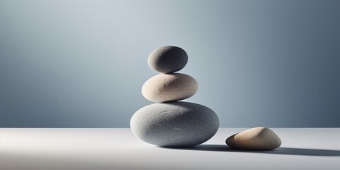 Three perfectly balanced stones in a zen-like composition with a smooth shadow on a minimalist background