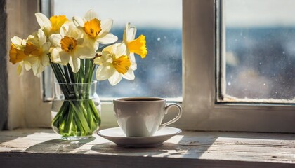 cup of coffee and bouquet of daffodils on the windowsill