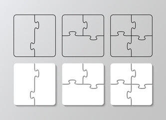 Jigsaw square grids set. Puzzle pieces filled and outline. Scheme for thinking game. Simple mosaic background with separate details. Cutting template. Vector illustration.