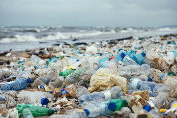 A pile of plastic bottles and bags, covering a beach and polluting the ocean.