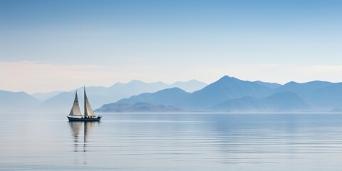 A lone sailboat gliding peacefully over the calm ocean waters with a backdrop of distant mountains and a clear sky - obrazy, fototapety, plakaty