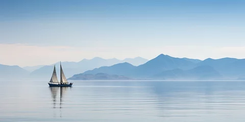 Gordijnen A lone sailboat gliding peacefully over the calm ocean waters with a backdrop of distant mountains and a clear sky © Svitlana