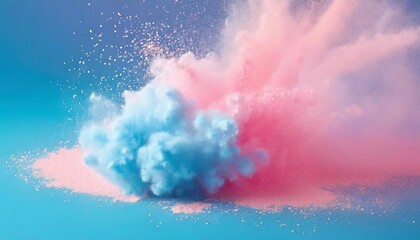 a blue and pink background with a cloud of powder