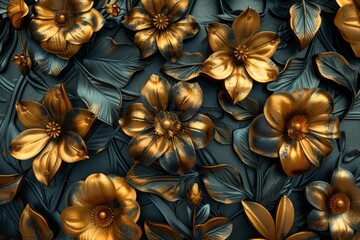 Ornate Gold Flowers Texture Pattern, Color Metallic Carved Floral Ornament 3d Imitation, Copy Space
