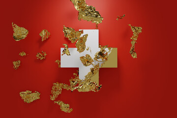 3d Rendering of swiss flag peeling off  from the gold leaf