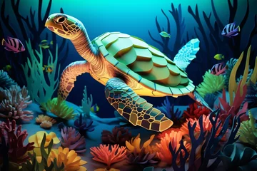 Schilderijen op glas a sea turtle swimming in the water © Alex