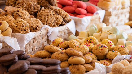 A mixture of traditional candies of various colors, typical sweets from the city of Cuenca in Ecuador. Handmade sweets. Close-up.