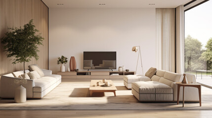 Fototapeta premium A stylish living room with contemporary furniture, a wall-mounted smart TV, and a smart lighting system