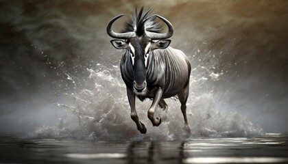 wildebeest running through the water b w