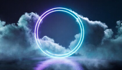 3d rendering abstract futuristic geometric background with neon ring and stormy cloud over night sky round frame with copy space