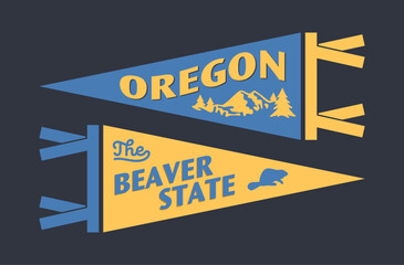 Set of Oregon pennants. Vintage retro graphic flag, pennant, star, sign, symbols of USA. The Beaver State. © Дмитрий Сальников