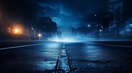Dark Street Scene with Wet Asphalt, Neon Lights, and Smoke - Abstract Blue Background