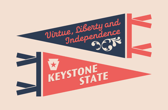 Set of Pennsylvania pennants. Vintage retro graphic flag, pennant, star, sign, symbols of USA. Keystone State.
