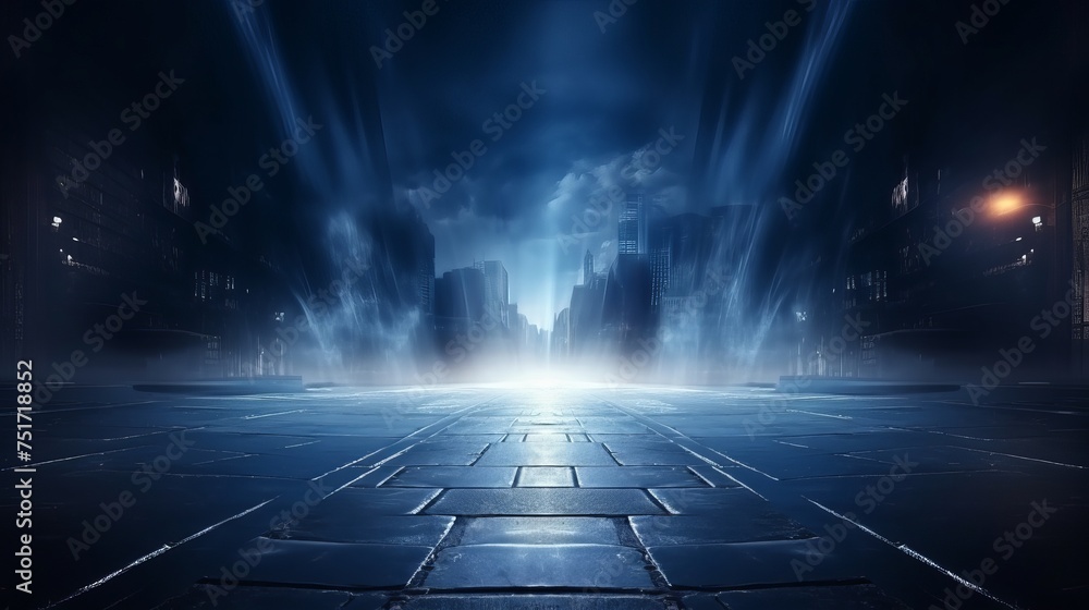 Wall mural Dark Street Scene with Wet Asphalt, Neon Lights, and Smoke - Abstract Blue Background