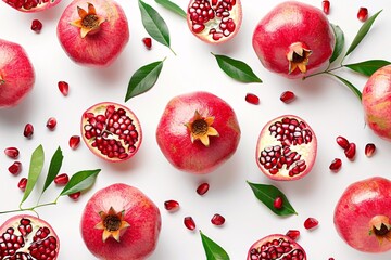 a group of pomegranates with leaves