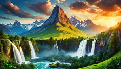Fototapete landscape with a beautiful mountain against the background of waterfalls © RAYNAN