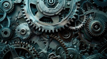 Intricate mechanical dance: Gears interconnecting in a captivating background. Witness the synergy of precision engineering