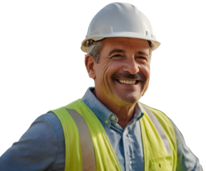 Portrait of a construction worker in a yellow hardhat smiling proudly, transparent background