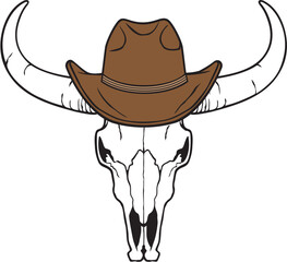 Bull Skull with Cowboy Hat. Vector Illustration.
