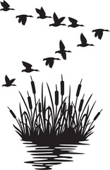 Flock of Flying Mallard Ducks and Reeds Silhouette (Bulrush).  (Migrating Birds). Vector Illustration.