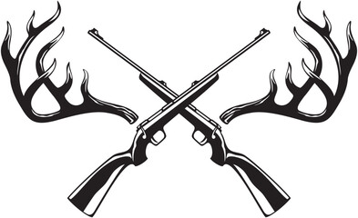 Deer Antlers with Crossed Rifles Black and White. Vector Illustration.