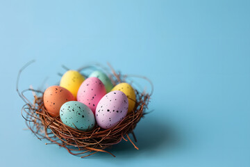 Naklejka na ściany i meble Easter eggs on a colored background, a nest with Easter eggs of different colors on a blue paper background, a bright Easter background with space for text