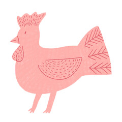 Pink rooster, cute character, hand drawn illustration