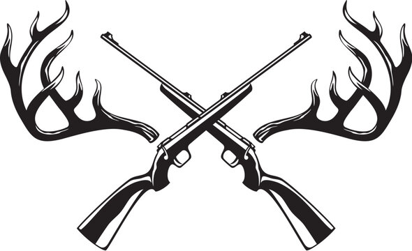 Deer Antlers with Crossed Rifles Black and White. Vector Illustration.
