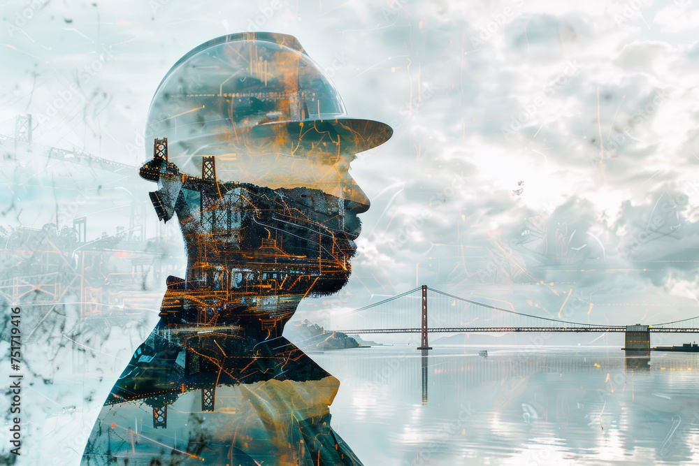 Poster a portrait of a engineer with a double exposure of a blueprint and a bridge