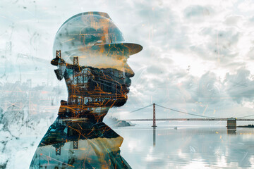A portrait of a engineer with a double exposure of a blueprint and a bridge - Powered by Adobe