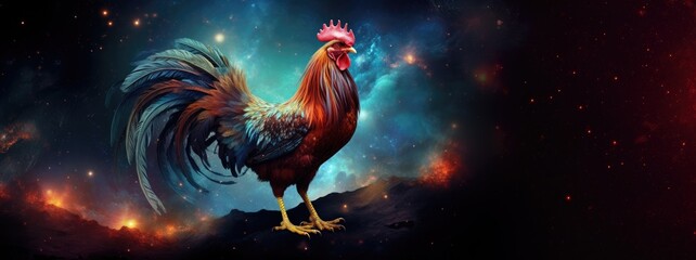 Rooster on cosmic background with space, stars, nebulae, vibrant colors, flames; digital art in fantasy style, featuring astronomy elements, celestial themes, interstellar ambiance - obrazy, fototapety, plakaty