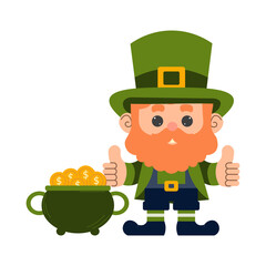 Happy Saint Patrick's Day. cartoon funny leprechaun with pot of gold. Flat Vector illustration