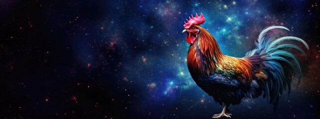 Rooster on cosmic background with space, stars, nebulae, vibrant colors, flames; digital art in fantasy style, featuring astronomy elements, celestial themes, interstellar ambiance - obrazy, fototapety, plakaty