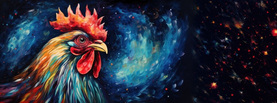 Rooster on cosmic background with space, stars, nebulae, vibrant colors, flames; digital art in fantasy style, featuring astronomy elements, celestial themes, interstellar ambiance