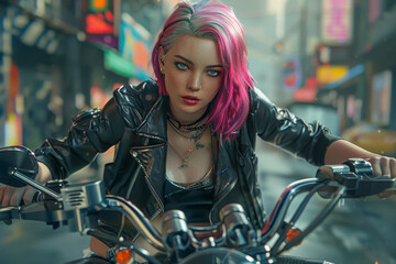 Fototapeta na wymiar A beautiful girl with short pink hair and gray eyes, wearing a black leather jacket and a skirt, riding a motorcycle on a city street.