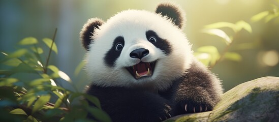 An adorable panda bear with a happy and smiling expression is sitting on top of a rock, showcasing...
