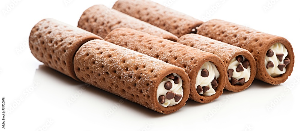 Poster Three cream-filled cocoa wafer rolls are neatly arranged on a clean white surface, creating a visually pleasing display.