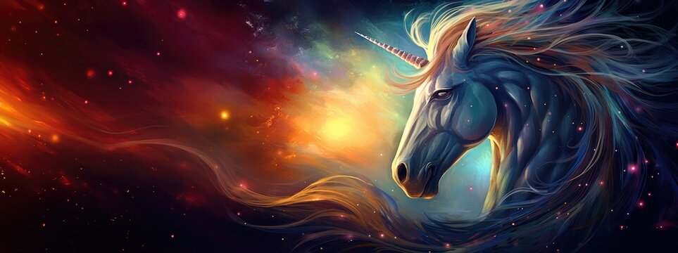 Beautiful unicorn, rainbow background with winged unicorn silhouette with stars. Magic fantasy world