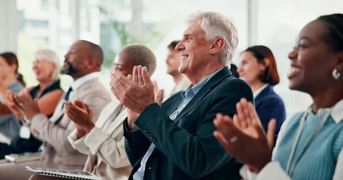 Clapping hands, tradeshow and business people in office for team meeting or company training. Seminar, diversity and professional staff audience with applause at corporate convention in workplace.